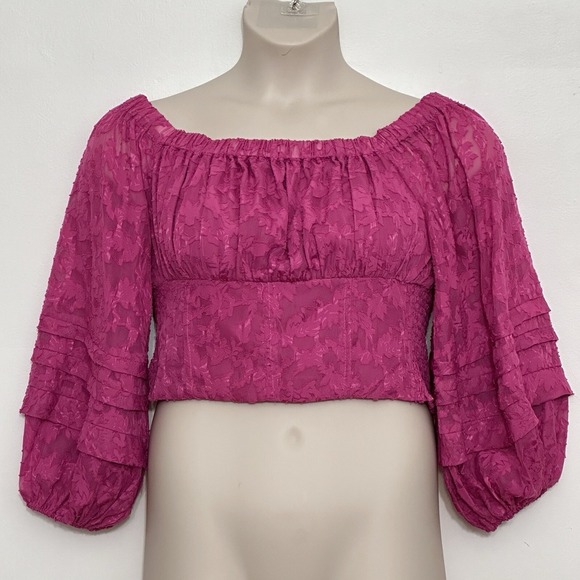 En‎ Creme Womens Top L Hot Pink Floral Crop Balloon Romantic Boho Peasant Gypsy - Picture 1 of 14